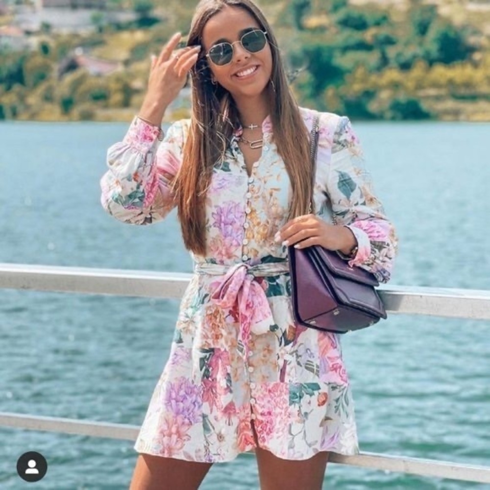 ZARA SHORT FLORAL LINEN BLEND SHIRT DRESS BELT